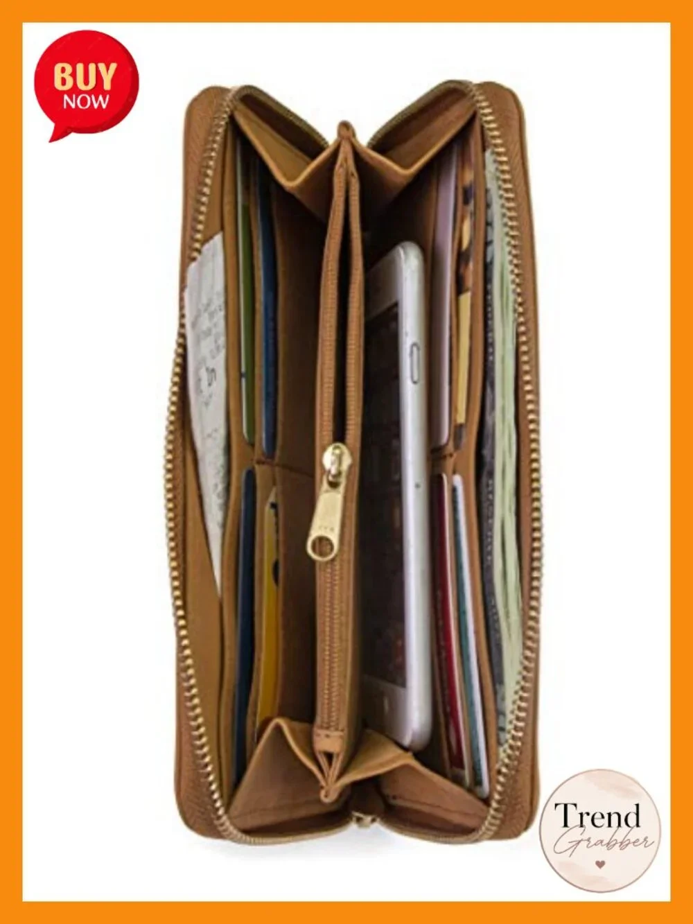 Genuine Leather RFID Zip Around Wallet Clutch with Wristlet Strap